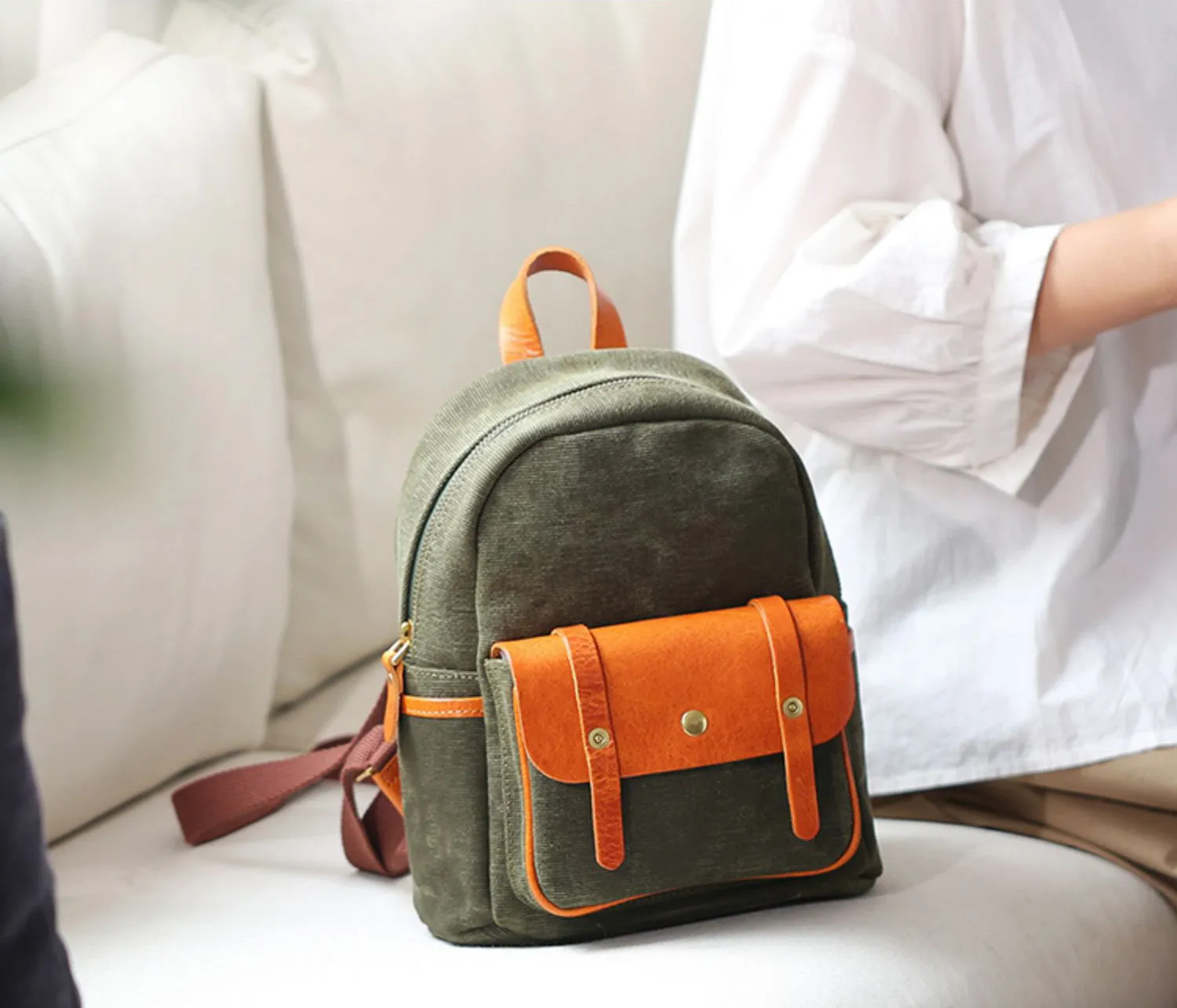 Small Womens Brown Leather and Green Canvas Backpack Ladies Rucksack