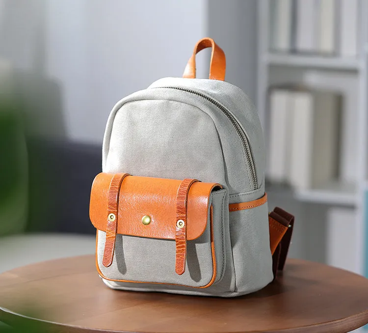 Small Womens Brown Leather and Green Canvas Backpack Ladies Rucksack