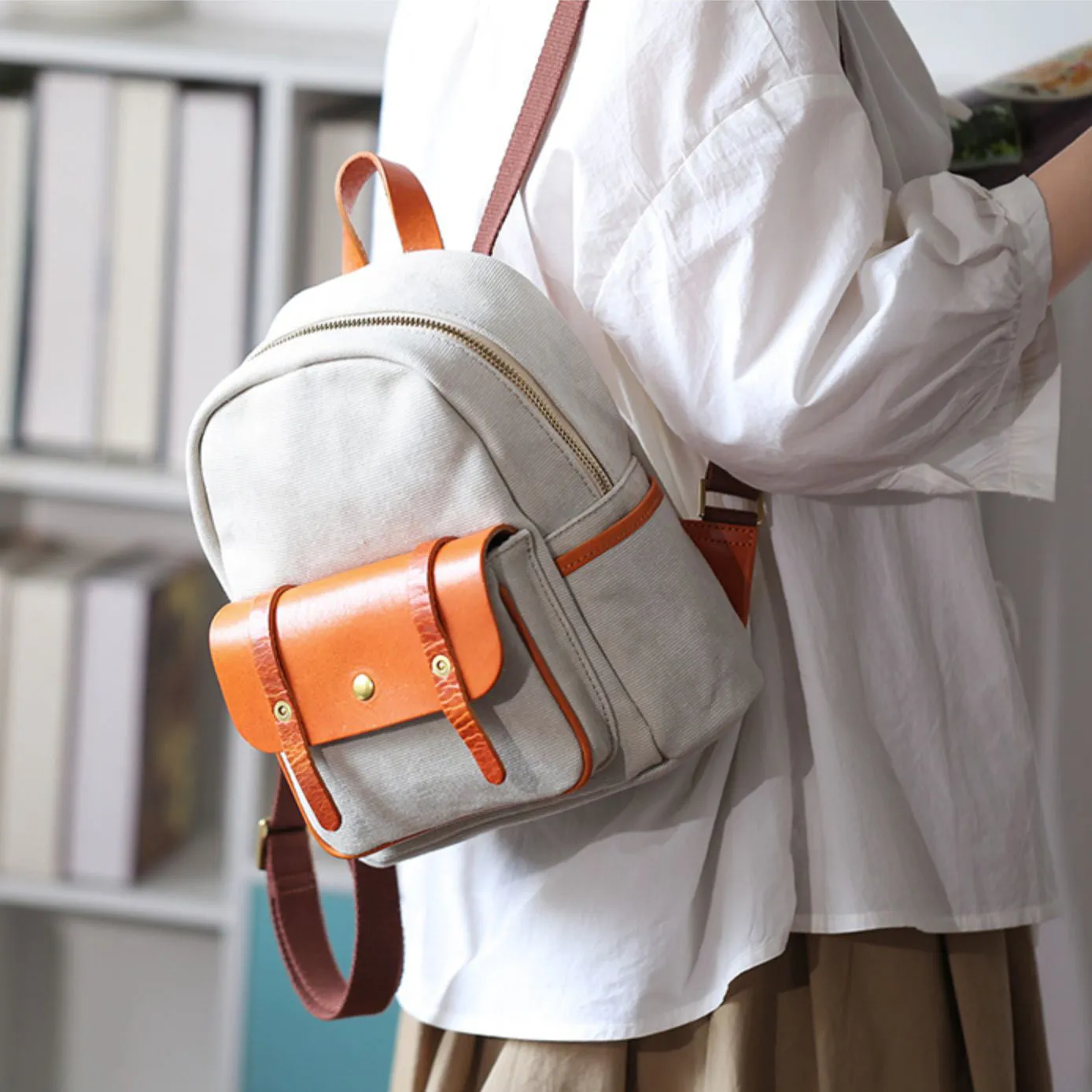 Small Womens Brown Leather and Green Canvas Backpack Ladies Rucksack