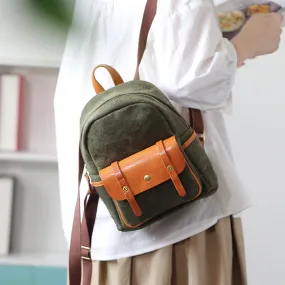 Small Womens Brown Leather and Green Canvas Backpack Ladies Rucksack