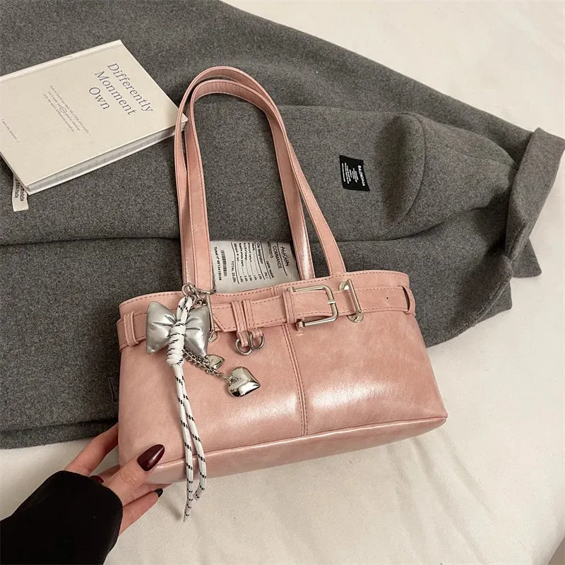 Uakiss Belt Buckle Design Shoulder Satchels Bag For Women New In Luxury Designer Handbags Branded Fashion Totes With Pendant