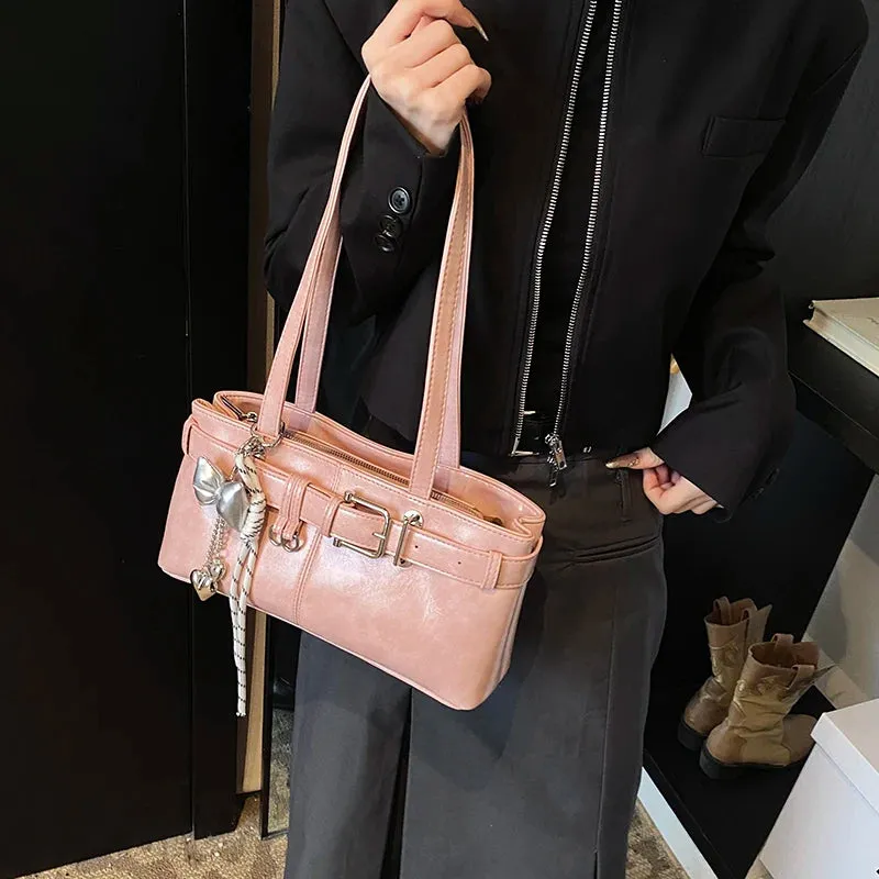 Uakiss Belt Buckle Design Shoulder Satchels Bag For Women New In Luxury Designer Handbags Branded Fashion Totes With Pendant