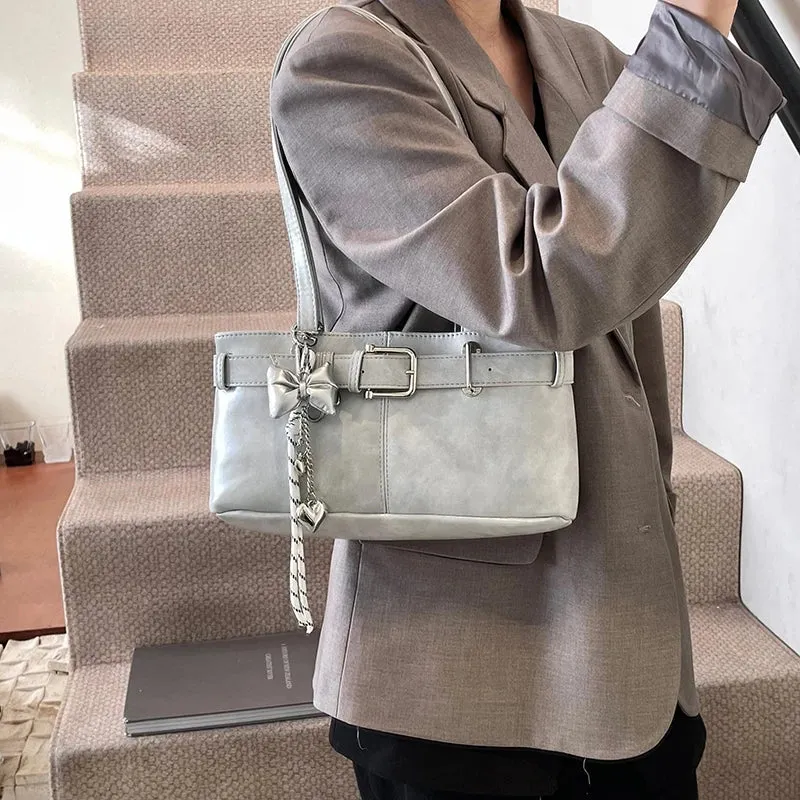 Uakiss Belt Buckle Design Shoulder Satchels Bag For Women New In Luxury Designer Handbags Branded Fashion Totes With Pendant