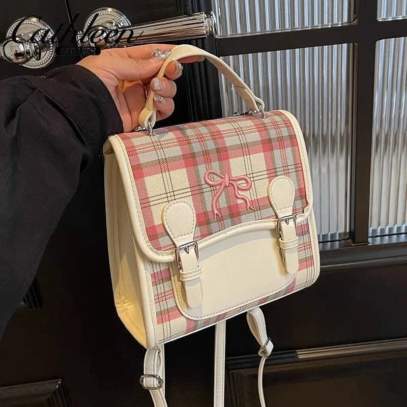 UAKISS  -  Japanese Sweet Cute Backpacks for Girld 2024 Vintage Plaid School Bag Girls Preppy Style Summer PU Rucksacks All Match Bolsa