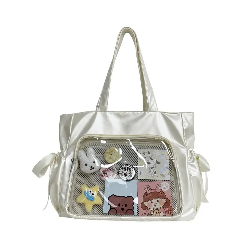 Vvsha Ballet Style Ribbon Bow Handbag Genjuku Style Student Double sided Shoulder Bag Manga Sweet Forest Large Capacity Tote Bag