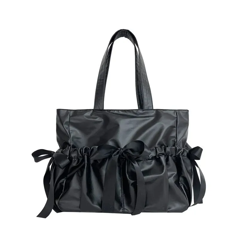 Vvsha Ballet Style Ribbon Bow Handbag Genjuku Style Student Double sided Shoulder Bag Manga Sweet Forest Large Capacity Tote Bag