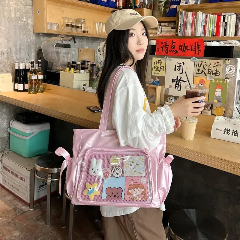 Vvsha Ballet Style Ribbon Bow Handbag Genjuku Style Student Double sided Shoulder Bag Manga Sweet Forest Large Capacity Tote Bag