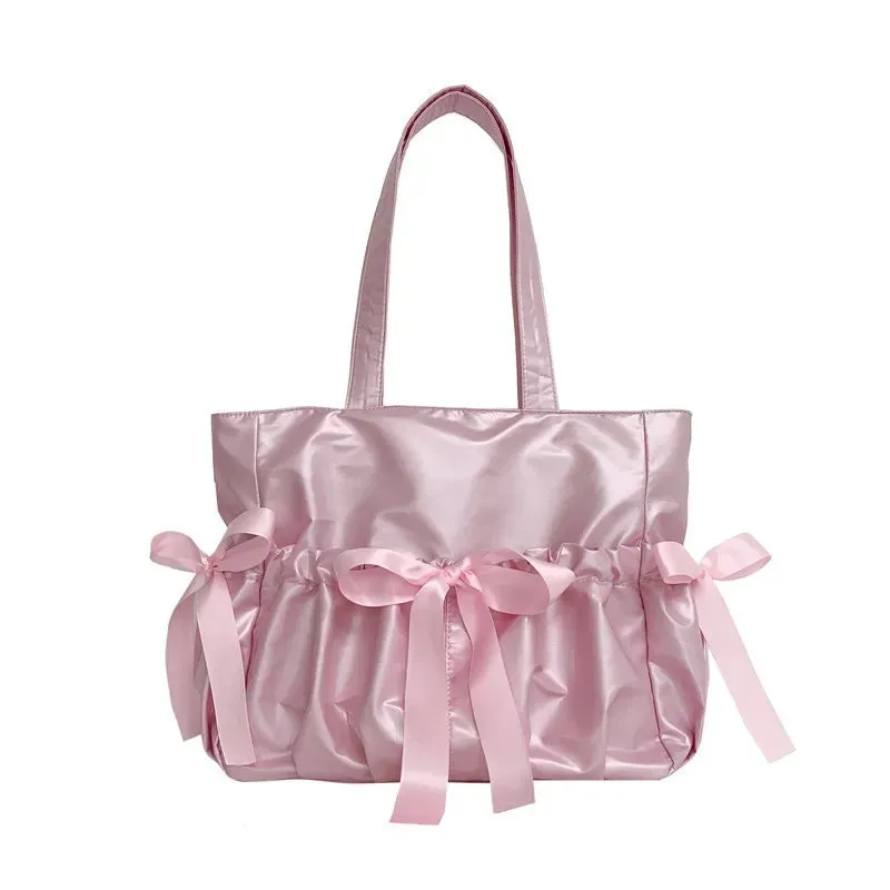 Vvsha Ballet Style Ribbon Bow Handbag Genjuku Style Student Double sided Shoulder Bag Manga Sweet Forest Large Capacity Tote Bag