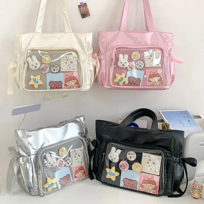 Vvsha Ballet Style Ribbon Bow Handbag Genjuku Style Student Double sided Shoulder Bag Manga Sweet Forest Large Capacity Tote Bag