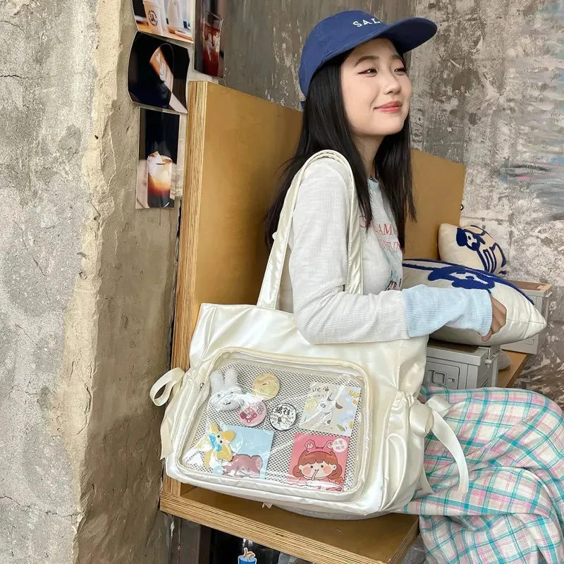 Vvsha Ballet Style Ribbon Bow Handbag Genjuku Style Student Double sided Shoulder Bag Manga Sweet Forest Large Capacity Tote Bag