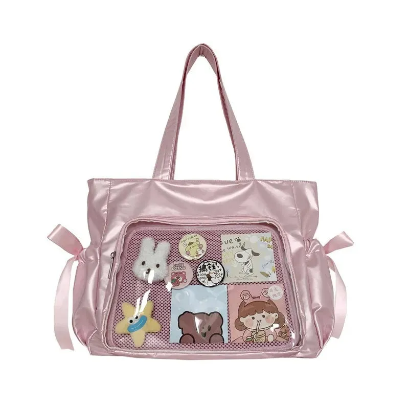 Vvsha Ballet Style Ribbon Bow Handbag Genjuku Style Student Double sided Shoulder Bag Manga Sweet Forest Large Capacity Tote Bag