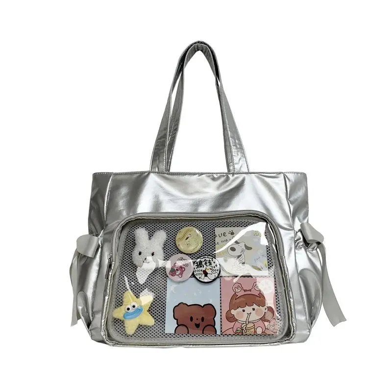 Vvsha Ballet Style Ribbon Bow Handbag Genjuku Style Student Double sided Shoulder Bag Manga Sweet Forest Large Capacity Tote Bag