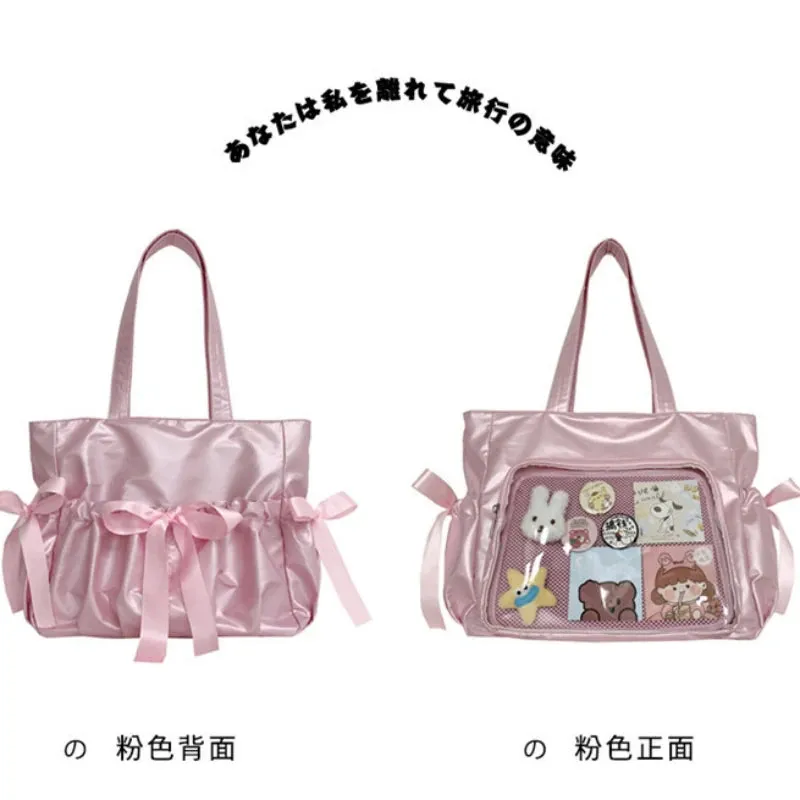 Vvsha Ballet Style Ribbon Bow Handbag Genjuku Style Student Double sided Shoulder Bag Manga Sweet Forest Large Capacity Tote Bag