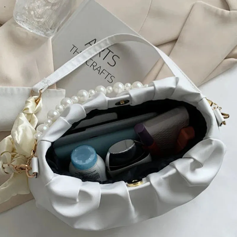 Vvsha High Quality Pearl Pleated Shoulder Bag Cloud Underarm Bag Niche Bag Women Summer Versatile Handbag PU Leather Bag