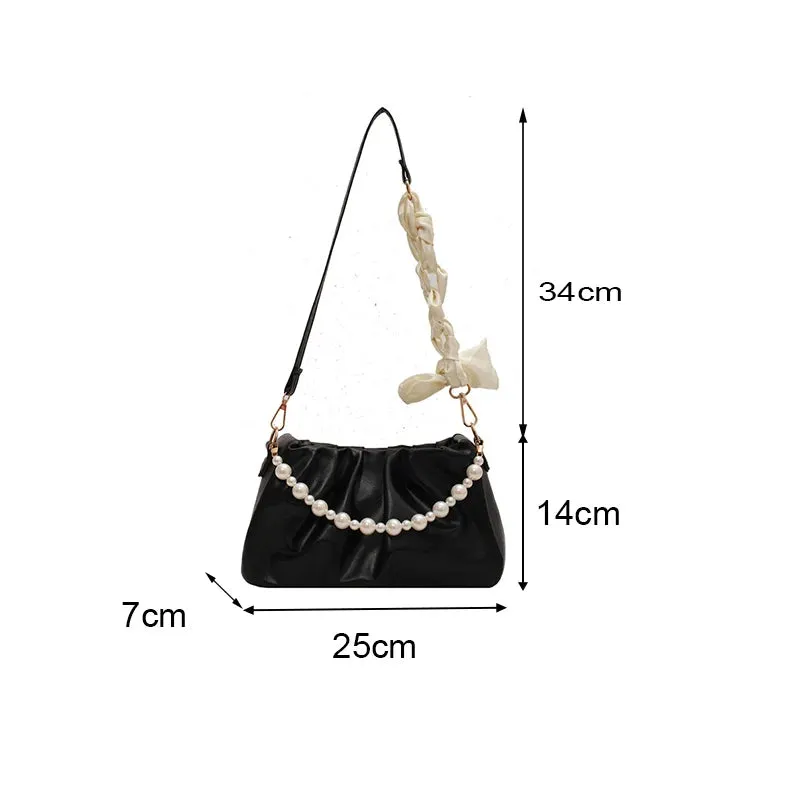 Vvsha High Quality Pearl Pleated Shoulder Bag Cloud Underarm Bag Niche Bag Women Summer Versatile Handbag PU Leather Bag