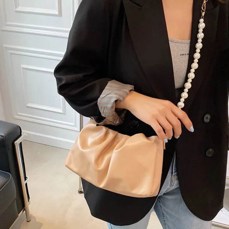 Vvsha High Quality Pearl Pleated Shoulder Bag Cloud Underarm Bag Niche Bag Women Summer Versatile Handbag PU Leather Bag