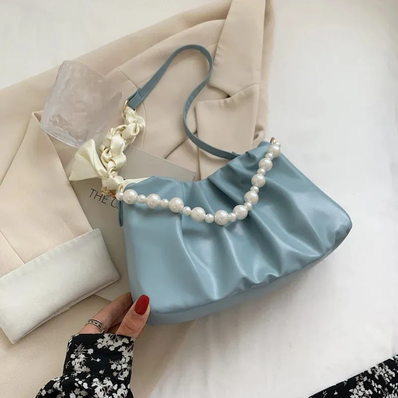 Vvsha High Quality Pearl Pleated Shoulder Bag Cloud Underarm Bag Niche Bag Women Summer Versatile Handbag PU Leather Bag