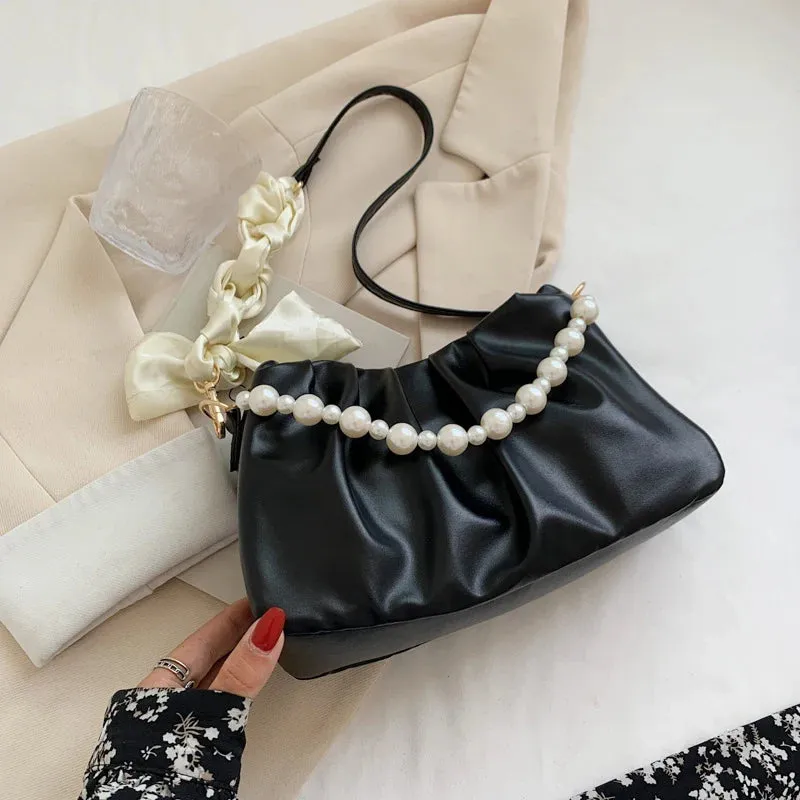 Vvsha High Quality Pearl Pleated Shoulder Bag Cloud Underarm Bag Niche Bag Women Summer Versatile Handbag PU Leather Bag