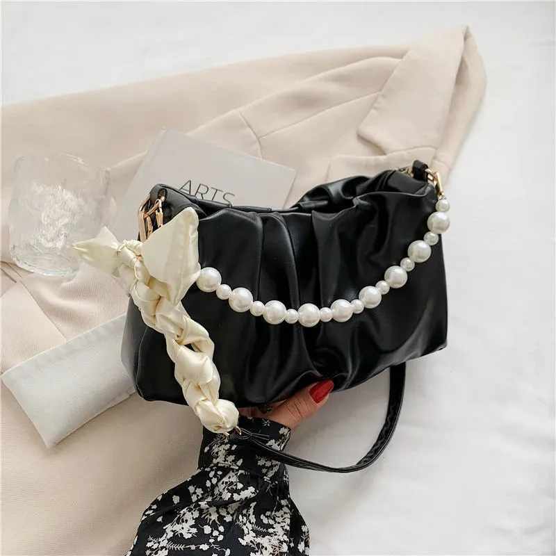 Vvsha High Quality Pearl Pleated Shoulder Bag Cloud Underarm Bag Niche Bag Women Summer Versatile Handbag PU Leather Bag