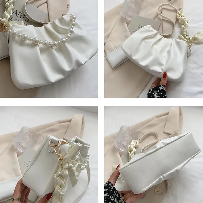 Vvsha High Quality Pearl Pleated Shoulder Bag Cloud Underarm Bag Niche Bag Women Summer Versatile Handbag PU Leather Bag