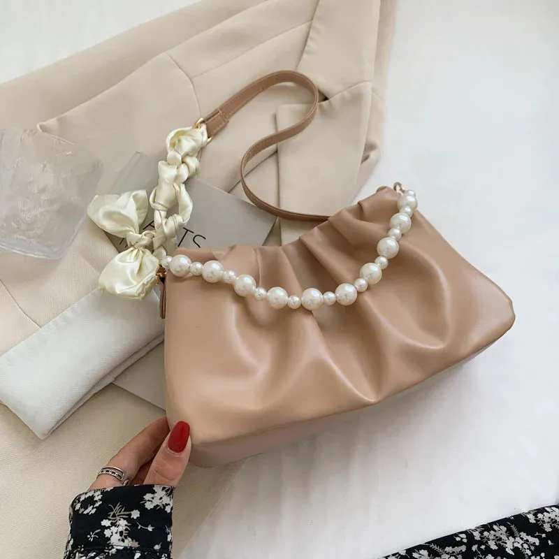 Vvsha High Quality Pearl Pleated Shoulder Bag Cloud Underarm Bag Niche Bag Women Summer Versatile Handbag PU Leather Bag