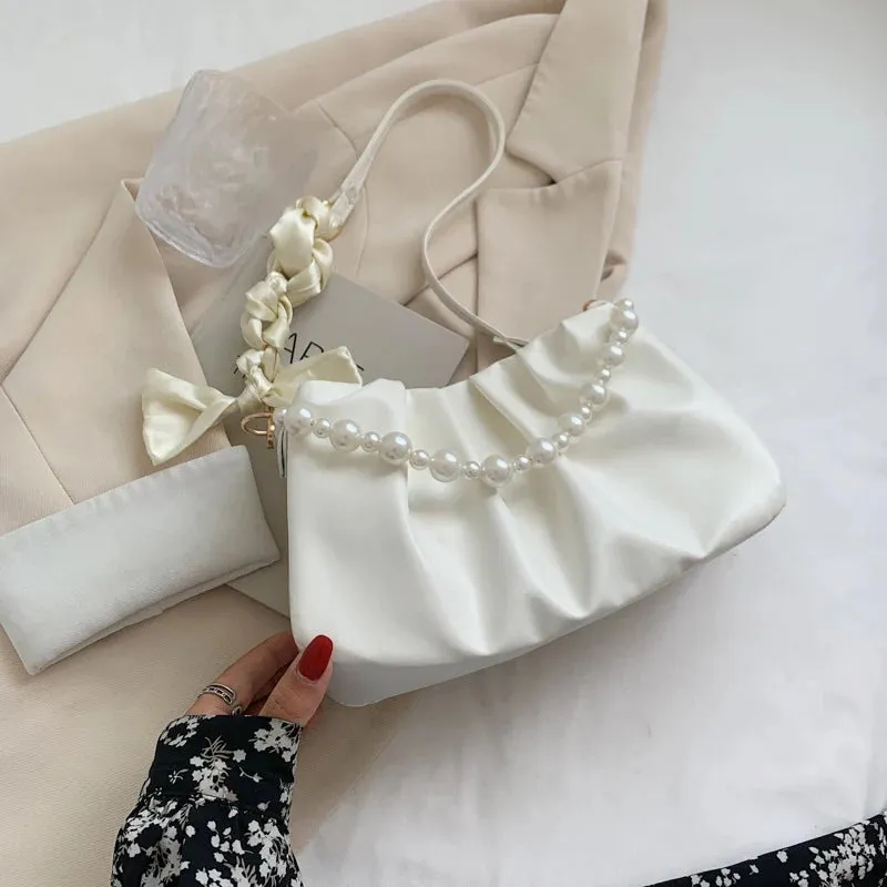 Vvsha High Quality Pearl Pleated Shoulder Bag Cloud Underarm Bag Niche Bag Women Summer Versatile Handbag PU Leather Bag