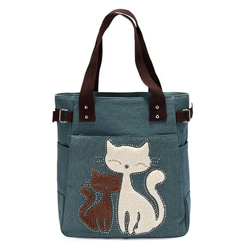 Vvsha Ladies' Canvas Bag Women Shoulder Bags Female Cute Cat Handbag Casual Totes Lady College School Books Bag Shopping Bag For Girls
