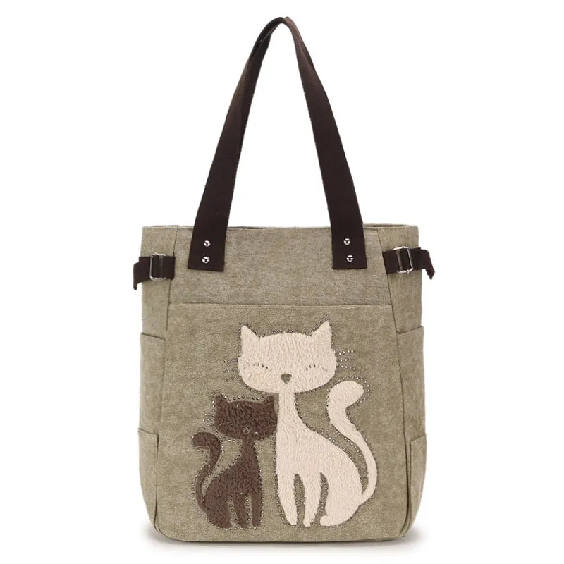 Vvsha Ladies' Canvas Bag Women Shoulder Bags Female Cute Cat Handbag Casual Totes Lady College School Books Bag Shopping Bag For Girls