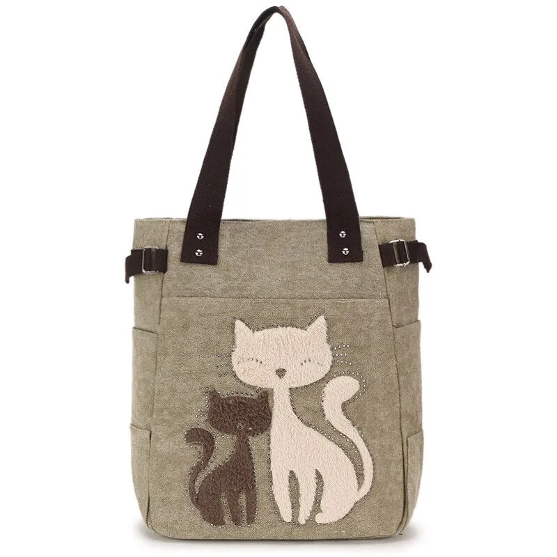 Vvsha Ladies' Canvas Bag Women Shoulder Bags Female Cute Cat Handbag Casual Totes Lady College School Books Bag Shopping Bag For Girls