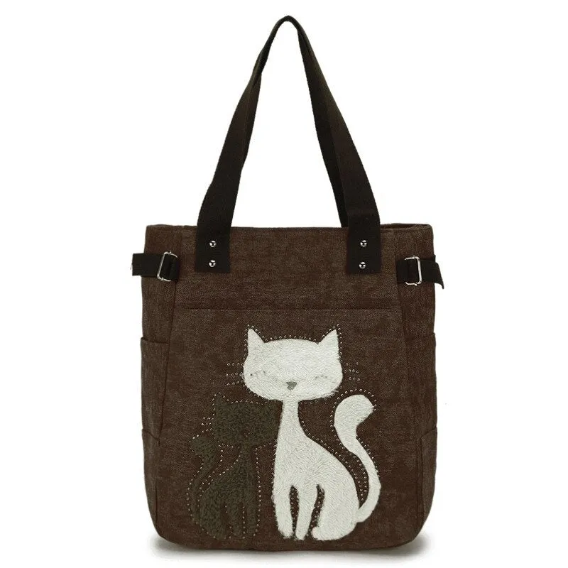 Vvsha Ladies' Canvas Bag Women Shoulder Bags Female Cute Cat Handbag Casual Totes Lady College School Books Bag Shopping Bag For Girls