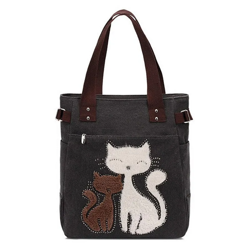 Vvsha Ladies' Canvas Bag Women Shoulder Bags Female Cute Cat Handbag Casual Totes Lady College School Books Bag Shopping Bag For Girls