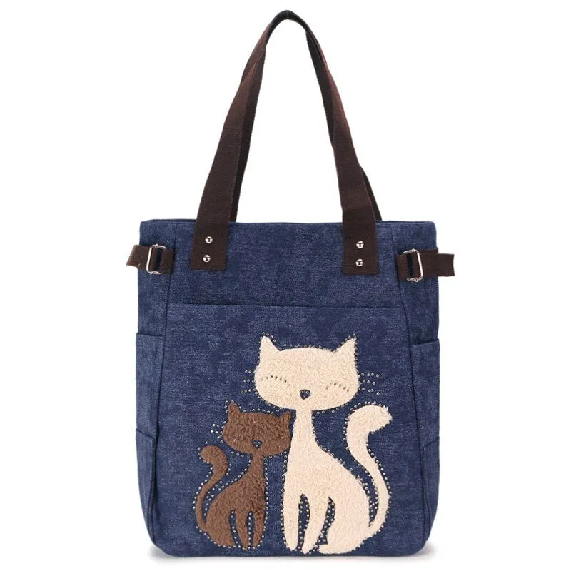 Vvsha Ladies' Canvas Bag Women Shoulder Bags Female Cute Cat Handbag Casual Totes Lady College School Books Bag Shopping Bag For Girls