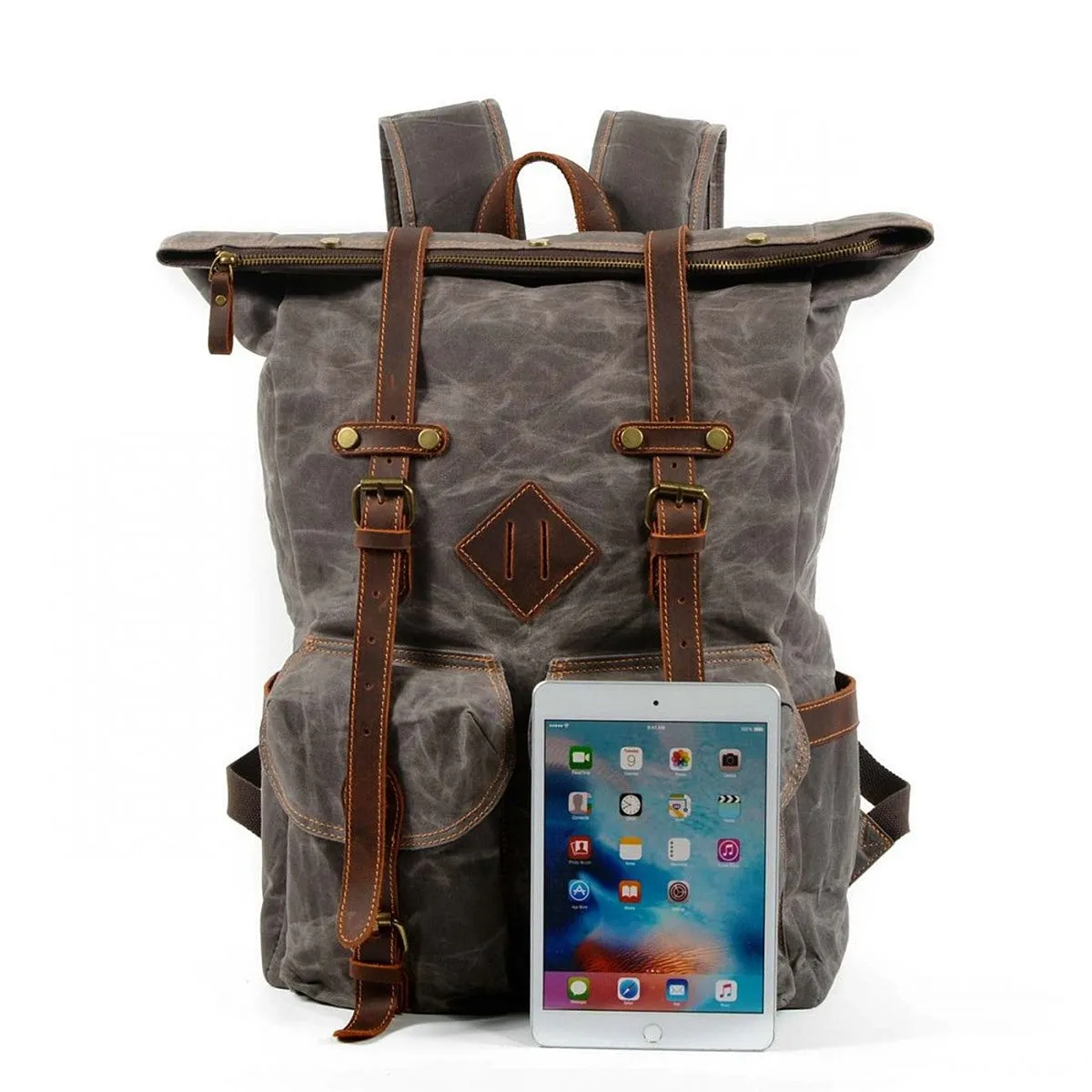 WAX Vintage ™ Groß Stadtrucksack aus gewachste Segeltuch mit Echtleder. Unisex