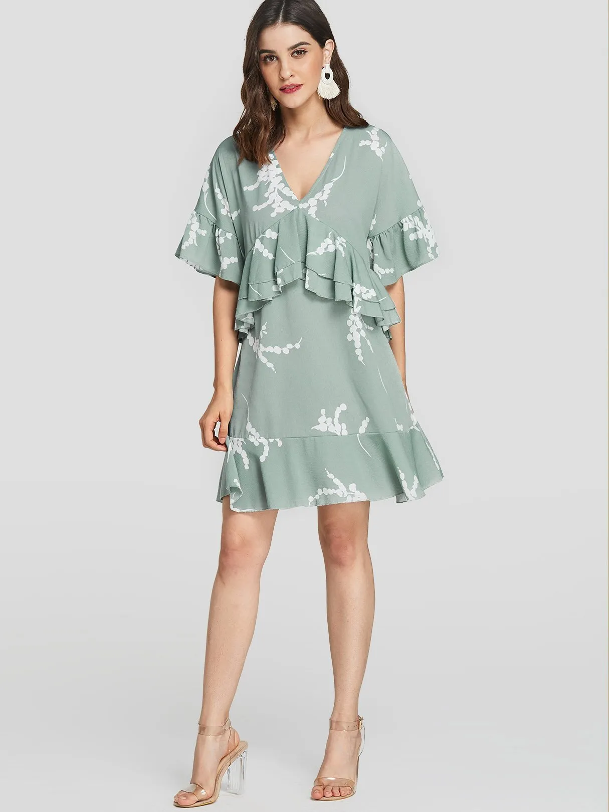 Wholesale Pastel Green V-Neck Half Sleeve Printed Ruffle Hem Sexy Dress