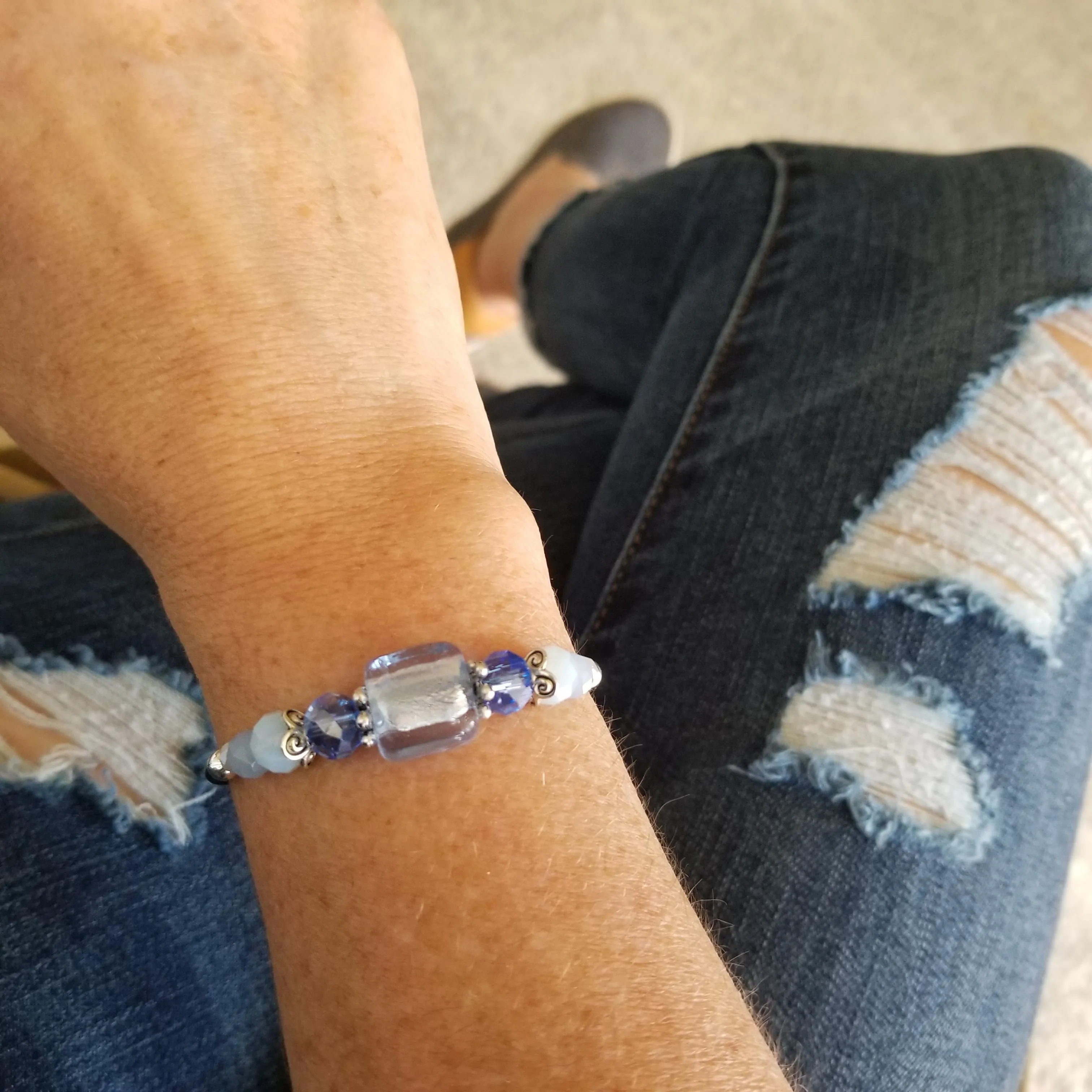 Wrap Bracelet & Earring Set - Light Sapphire Silver Foil Glass